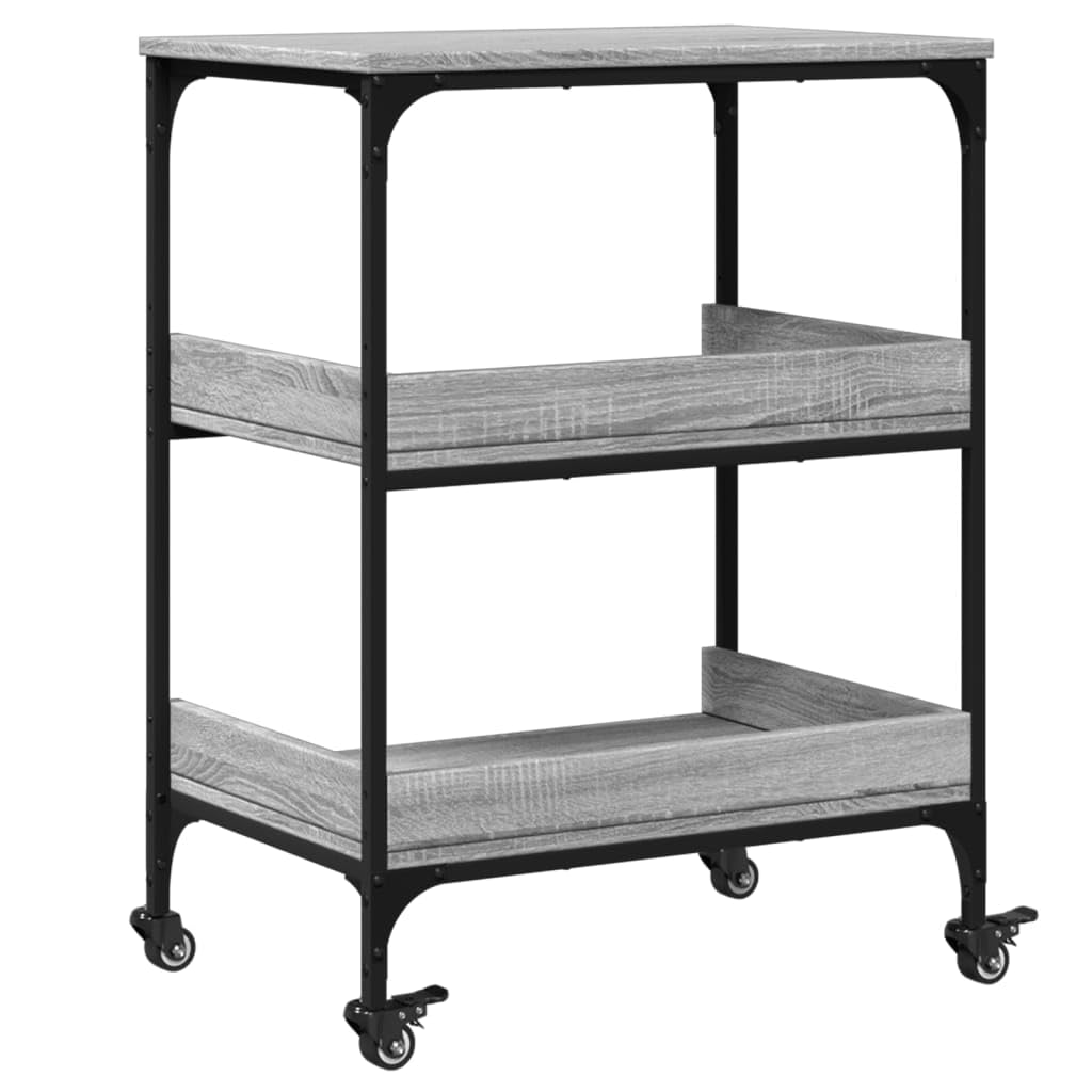 Carro de cocina gris Sonoma 60 x 41 x 80,5 cm de material de madera con marco de acero y 4 ruedas, 2 con bloqueo, carrito de servicio para almacenamiento adicional en la cocina y el salón,