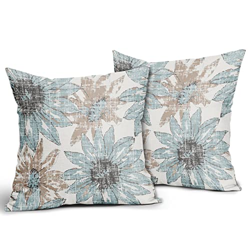 Housses de coussin lin bleu clair marron 50x50 déco florale rétro extérieur