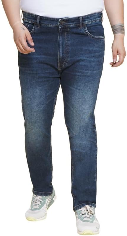 JOHN PRIDE Plus Size Men's Stretchable Mid-Rise Comfort Fit Clean Look Blue Cotton Jeans for Men