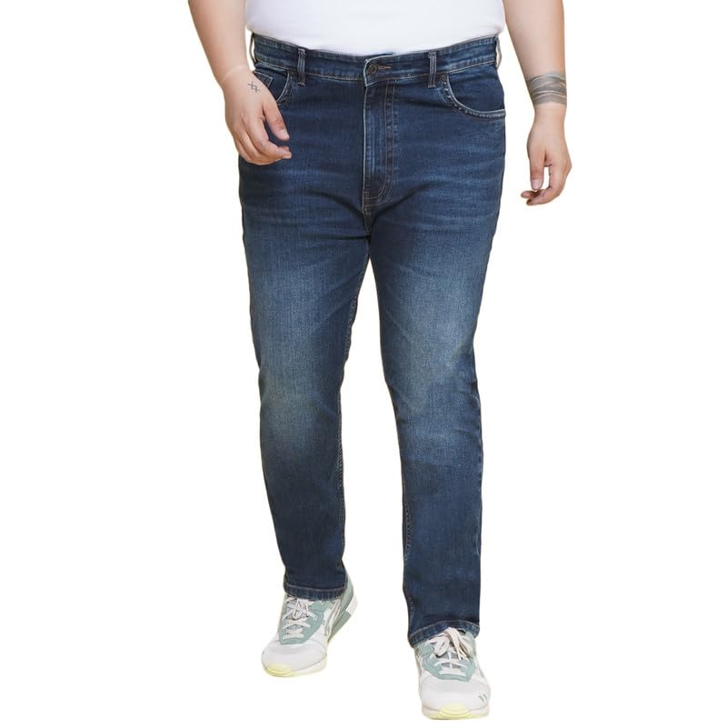 JOHN PRIDE Plus Size Men's Stretchable Mid-Rise Comfort Fit Clean Look Blue Cotton Jeans for Men