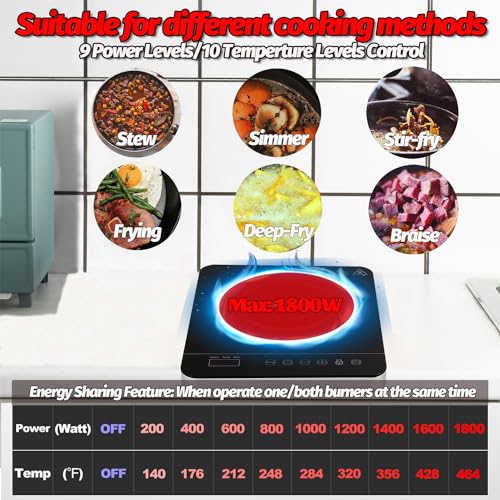 Portable Single Induction Cooktop Hot Plate Countertop Burner Cooker 1 Burner, 1800W, 9 Power Levels, 10 Temp Levels, Timer, Auto-Shut-Off, Touch Panel, LED Display, Child Lock, Black - Image 6