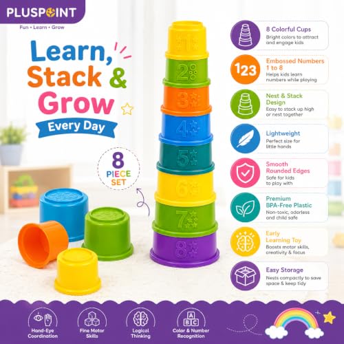 Image of PLUSPOINT Stacking Cups Baby Toy | 8-Piece Rainbow Nesting & Stackable Cups with Numbers | Montessori Educational Learning Toy for Babies 6-12 Months & Toddlers 1-3 Years
