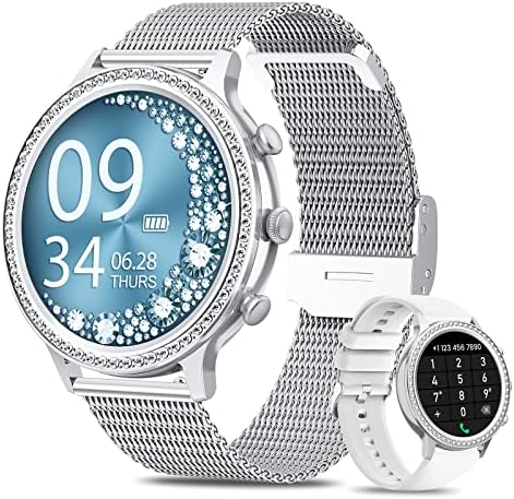 Smart Watches for Women with Diamonds (Answer/Make Call), 1.32'' Bluetooth Smartwatch for Android iOS Phones Compatible, Fitness Tracker with Heart Rate, Blood Oxygen, Sleep Monitor, Best Gifts Silver