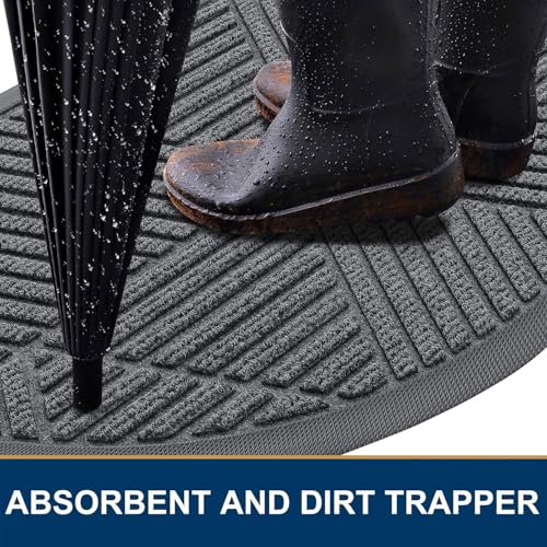Image of Smiry Half Circle Front Door Mat Outside Entrance, Heavy Duty Sturdy Natural Rubber Doormat, Trap Dirt and Moisture, Low Profile Mats for Indoor Outdoor Entry, Irregular Triangle (47x32, Grey)