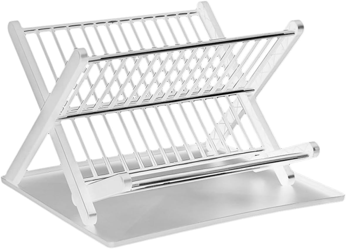 Folding Kitchen Dish Rack with Drip Tray, Large Capacity Bowl Drain Rack, White Space-Saving Plate Drainer for Countertop Storage and Drying