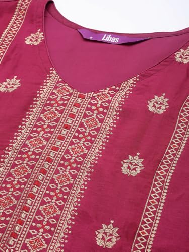 Image of Libas Womens Embellished Silk Blend Straight Kurta With Trousers and Dupatta