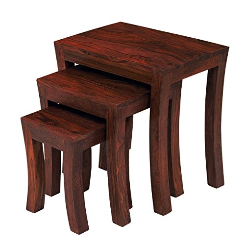 Image of Custom Decor Carissa Solid Wood Stool Set of 3 Nesting Bedside Tables - Indian Sheesham Wood Furniture (Mahogany Color)