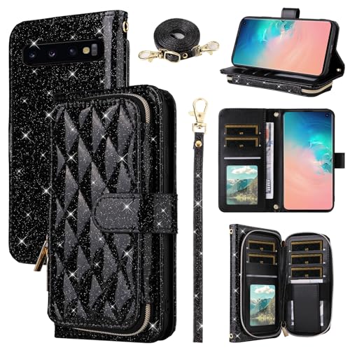 Étui portefeuille pour Samsung S10 en cuir avec fermeture éclair et bandoulière