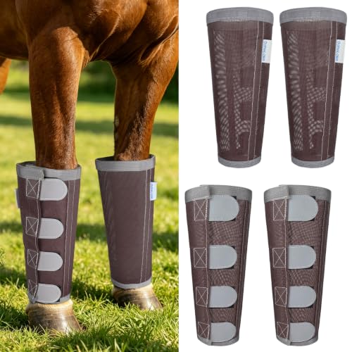 Image of Reflective Horse Fly Boots Set of 4, Loose Fitting Leggings for Horses, Equine Fly Leg Wraps Socks for 4 Legs, Breathable Adjustable and Universal Fit, Reliable Stay Put and on (Brown)