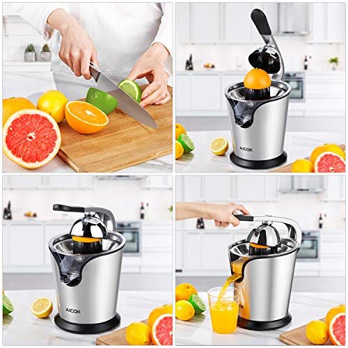Aicok Electric Citrus Orange Juicer 160W Stainless Steel, Double Reamers, Soft Grip Handle, Easy to Use and Clean, Anti-Drip Spout