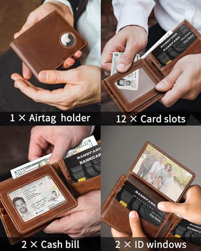 Mens Wallet with AirTag holder,Genuine Leather Bifold Wallets for Men RFID Blocking With 2 ID Window and 12 Cards Holders Gift Box (Coffee Brown)3