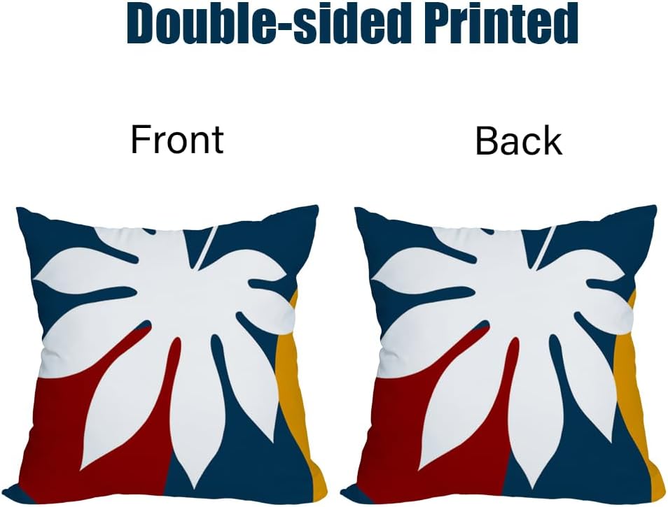 Fukeen Waterproof Outdoor Tropical Leaves Throw Pillow Covers 22x22 Inch Navy Geometrical Monstera Leaf Botanical Nature Plants Decorative Pillow Cases Cushion Covers for Sofa Couch, 4 Pack