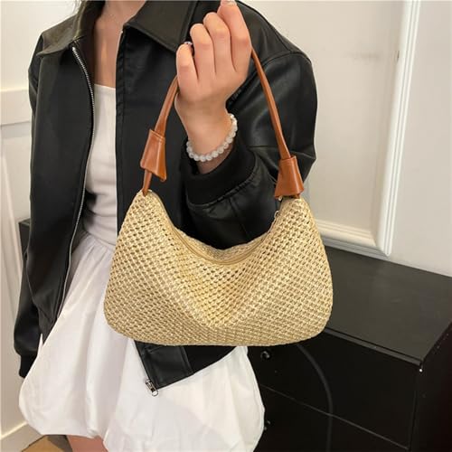 Bolsa de palha de ombro para mulheres, bolsa tote para mulheres, bolsa de mão, bolsa de ombro, bolsa de viagem, bolsa de praia, bolsa de verão, bolsa trançada, Caqui, Tendência