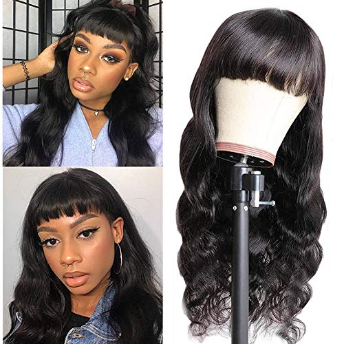 Human Hair Wigs with Bangs Pre Plucked Peruvian Body Wave None Lace Front Wig For Black Women Cute Fashion Human Hair Wig (26 inch, NONE LACE)
