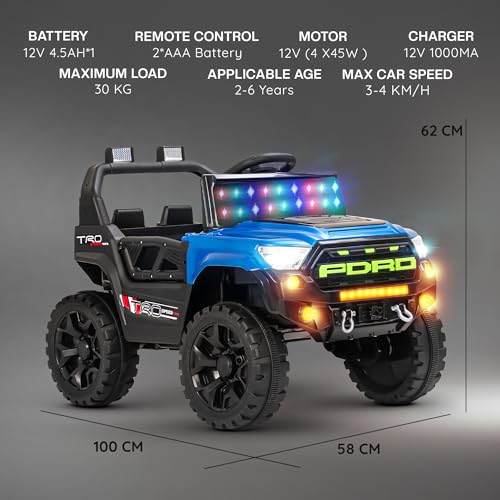 Image of Baybee Maverick Battery Operated Jeep for Kids with RGB Windshield Light, Bluetooth, USB & Music | Baby Big Ride on Battery Car | Electric Jeep Car for Kids to Drive for 2 to 6 Years Boys Girls (Blue)