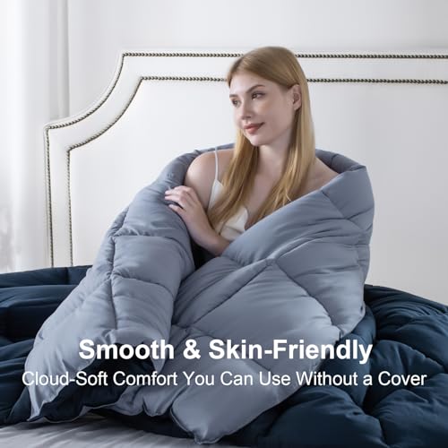 Image of KASENTEX King Comforter Set, Reversible, Goose Down Alternative, All Season | 250 GSM Fill, Ultra-Soft, Lightweight, Machine Washable, 1 Comforter + 2 Pillow Shams, Dress Blues /Tempest