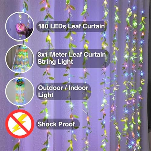 Image of MIRADH Diwali Fairy Lights Leaf Curtain String Light, 180 LED Artificial Leaf Vine with 8 Modes for Diwali, Navratri, Christmas & New Year Home & Party Decor (10x3 ft) (2, Multicolor)