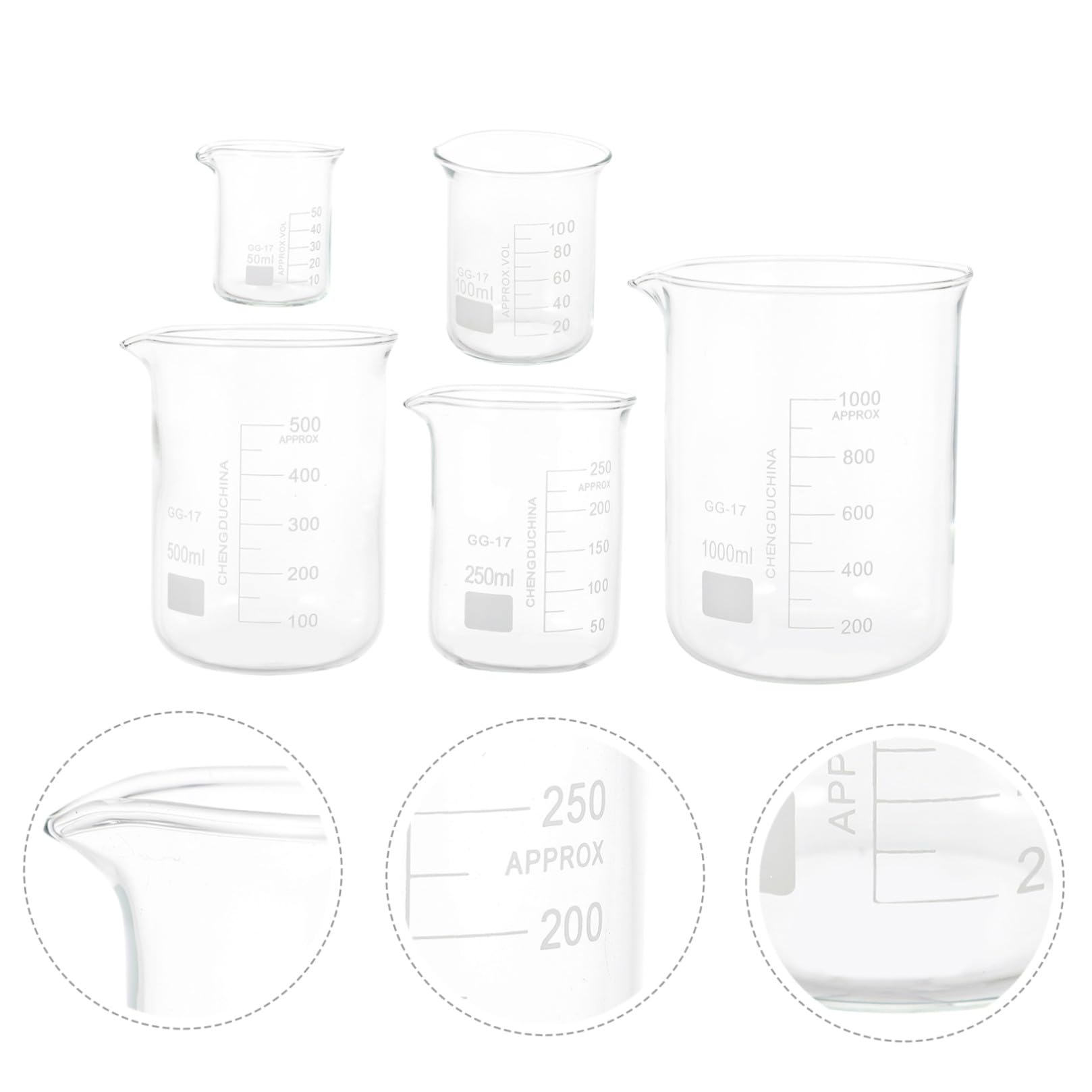 Vasos de Precipitados 5 Piezas de Vidrio Borosilicato Resistentes al Calor (50ml-1000ml) Escala Graduada Transparente y Medición Precisa para Laboratorio