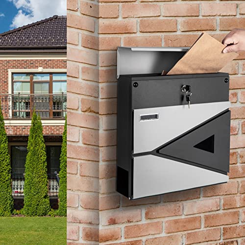 Image of Wall-Mount Mailbox for House Outside, Security Drop Box with Lock and Keys, Steel Metal Mail Box with Newspaper Compartment, 14.57 x 14.57 x 4.33 Inch, Grey & Black, MD039 X-Large