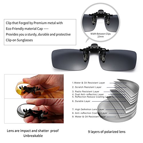 Polarized Clip-on Flip Up Metal Clip Rimless Sunglasses, Lightweight, XL Size, Set of 2 PCS (Black + Yellow)2