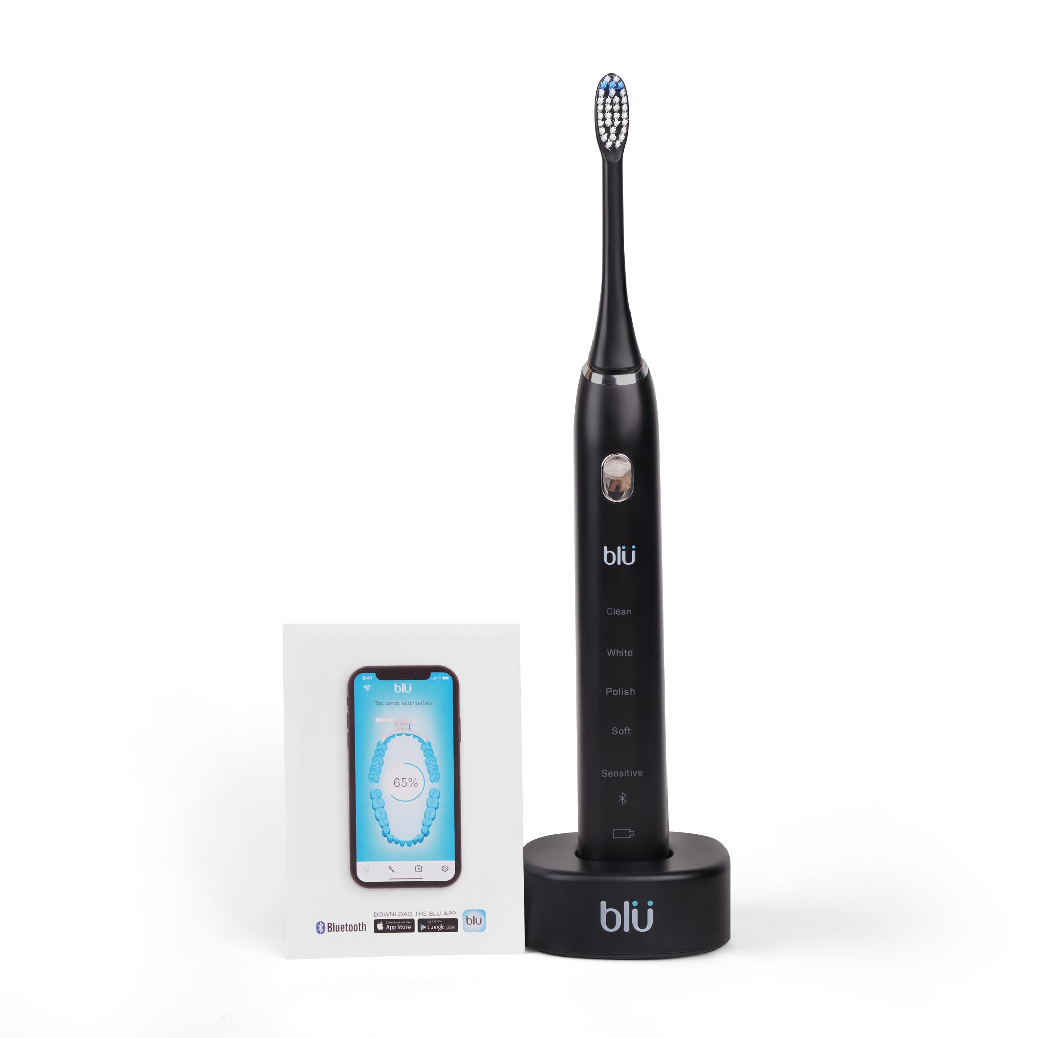 Blu Smart Spazzolino da denti con App, Unico Cordless Spazzolino da denti Elettrico Adulti, Uomini o Donne 40.000 Stroke al minuto, Timer, Impermeabile e Smart Tracking per IOS, Android (Nero)