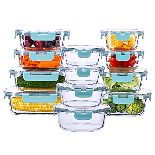 SUNNOW Vastto 12 Pack Glass Food Storage Containers with BPA Free Airtight Lids, Glass Meal Prep Containers,Airtight Glass Lunch Bento Boxes,for Kitchen and Home Use(Turquoise)