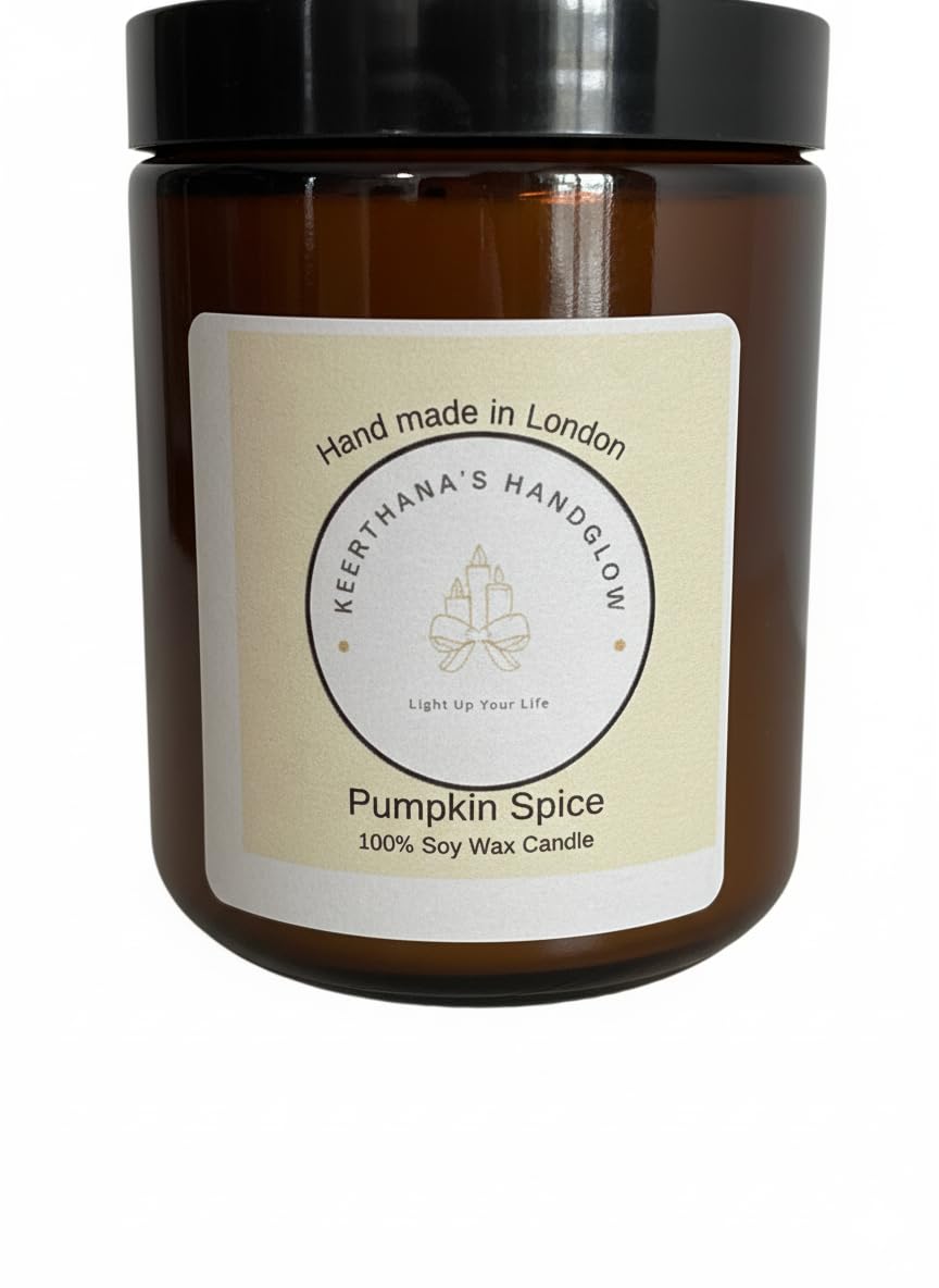 Keerthana's Handglow Pumpkin Spice Scented Soy Wax Candle, Handmade in London, Amber Glass Jar with Black Lid