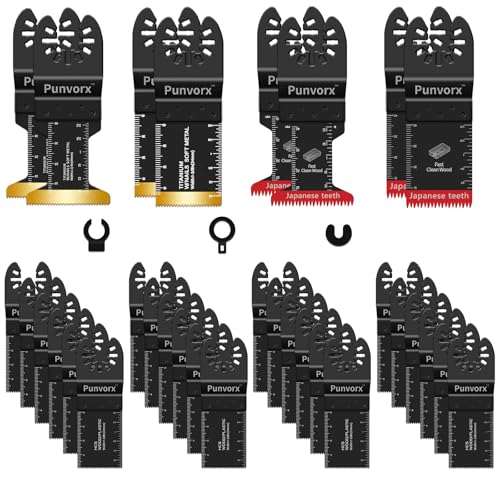 Punvorx 32Pcs Titanium & HCS Multi Tool Blades with Japanese-Teeth for Wood Metal Nails Cutting Quick Release Oscillating Saw Blades Compatible with Milwaukee Ryobi Einhell Dremel Rockwell