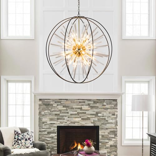 Image of Modern Large Black and Gold Crystal Chandelier for Entryway High Ceiling