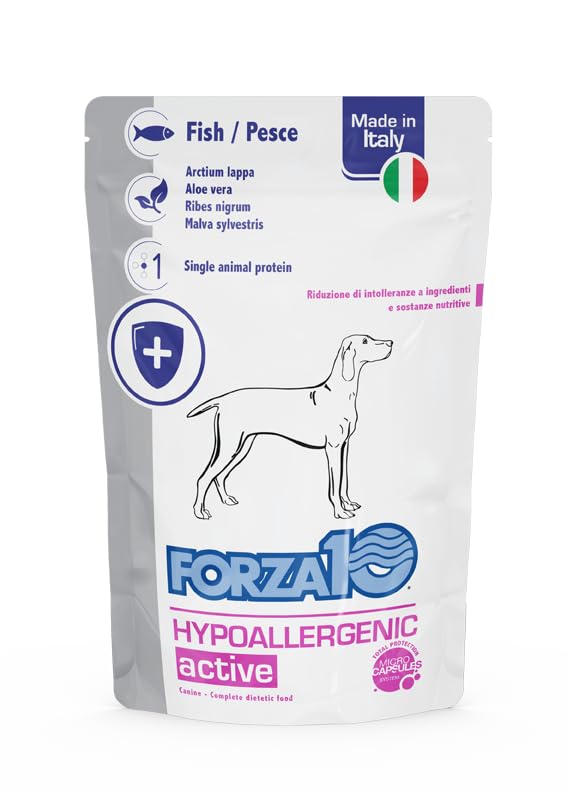 Forza 10 Umido Cane HYPOALLERGENIC, alimento completo dietetico per cani adulti di tutte le taglie e razze ipoallergenico gusto PESCE, dermatologico, for dogs | 12 bustine da 100 grammi l'una.