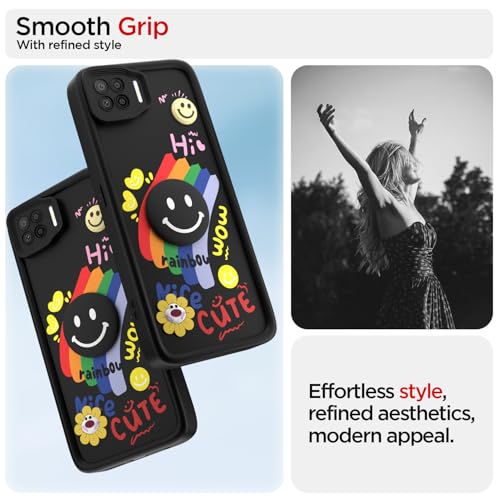 Image of Pikkme Back Cover for Oppo F17 | Soft Silicone| Cute Rainbow Smile & 3D Cartoon Flower Design | Shockproof Raised Camera Protection Bumper Case (Black)