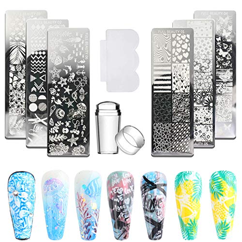 Nail Stamp Plates Set 6 Pcs Nail Stamping Plates + 1 Stamper + 1 Scraper Love, Butterfly, Animal, Flower, Dolphin Nail Plate Template Image Plate DIY Stainless Steel Nail Image Polish Template Kit