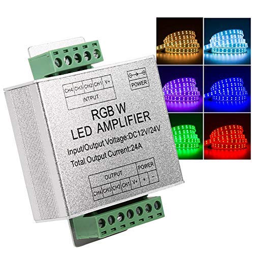 Zerodis Amplificador de señal RGBW, DC12-24V 24A Circuito de salida de 4 canales Carcasa de aluminio Controlador de tira de LED Repetidor de señal de datos para proyectos de LED de larga distancia