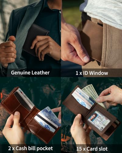 Image of Artpaxy Mens Wallet Bifold Genuine Leather RFID Blocking Wallet for Men with 1 ID Window 15 Card Holders 2 cash pockets 1 Gift Box