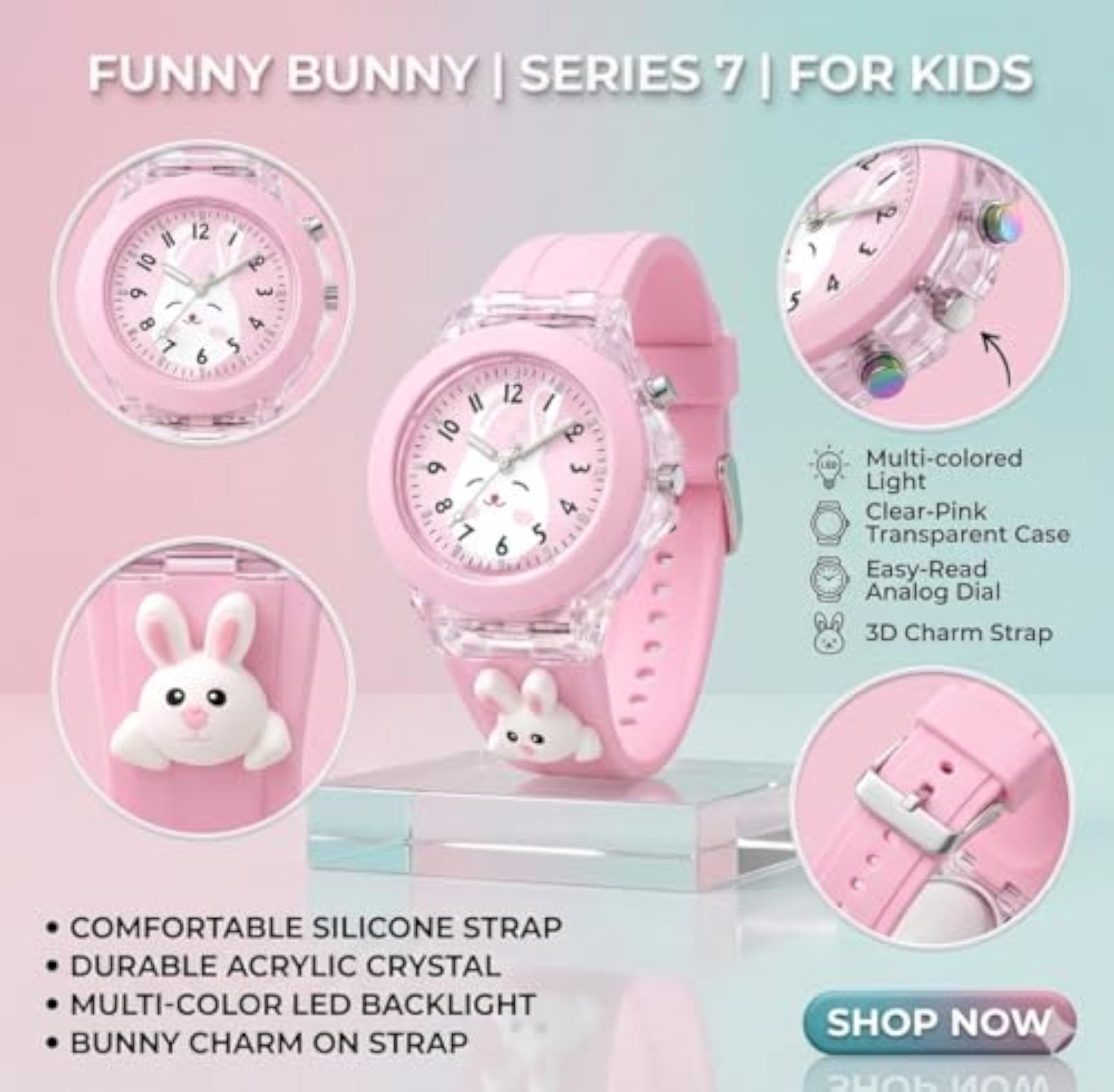 Kids 3D Bunny Cartoon Print Analog Watch