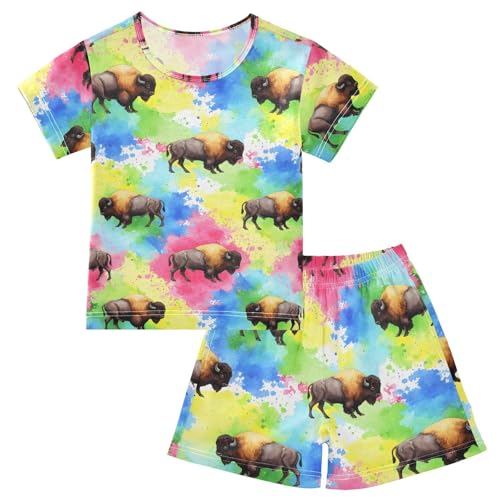 Pajama Short Sets Colorful Bison Abstract Soft Cotton Summer Sleepwear 2 Piece PJS Size 5-14T