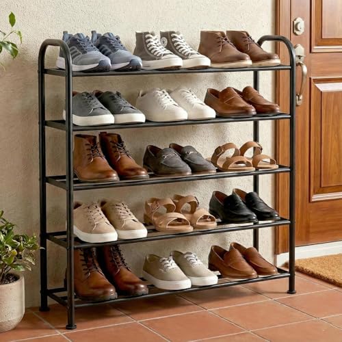 KEEKOS Portable Shoe Rack for Home Plastic with Door,Adjustable Plastic Shoe Rack for Bedroom/Outdoor Waterproof, Shoe Storage Organizer,with Shelves Kitchen Runner Rug (Black, 5-Layer)