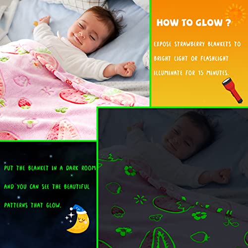 Image of REXEO Strawberry Blanket for Girls Kids, Strawberry Gifts for Teens 50 inchx60 inch | Toddler Blankets for Girls, Strawberry Decor Stuff for Bedroom, Glow in The Dark Blanket for Girls, Strawberry Themed Gifts