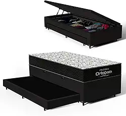 Bicama com Box Baú Solteiro com Colchão de Espuma D45 Ortobom Airtech 150 + Auxiliar Unique 88cm (Preto)