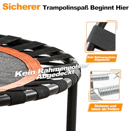 FitinOne 150KG Ø 101CM Faltbares Mini-Trampolin mit Bungee Bänder, 5-Fach Verstellbarer Schaumstoffgriff, Stabiler und leiser Fitness Indoor-Trampolin für Kinder und Erwachsene