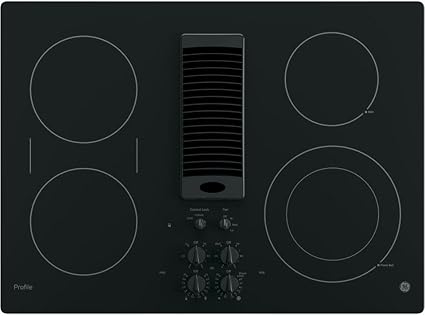 GE PP9830DJBB Profile Series Electric Cooktop with 4 Burners and 3-Speed Downdraft Exhaust System, 30", Black