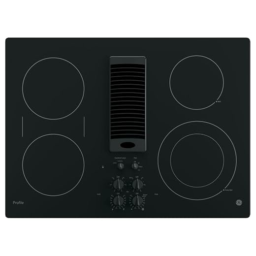 GE PP9830DJBB Profile Series Electric Cooktop with 4 Burners and 3-Speed Downdraft Exhaust System, 30", Black