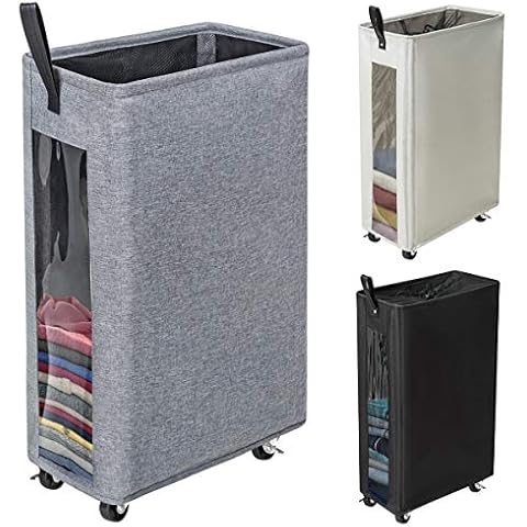 ZERO JET LAG 27 inches Slim Laundry Hamper Large Tall Laundry Basket on Wheels Clear Window Visible Dirty Clothes Hamper Thin Clothes Storage Standable Corner Bin Handy 16"×8.6"×27" Dark Grey Cover