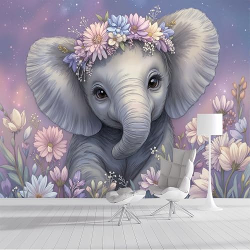 ZISTRCBAO Fondo De Pantalla Panorámica Elefante Floral 150x105cm, Animales De Acuarela Fotomurales Seda Para Dormitorio Infantil, Púrpura