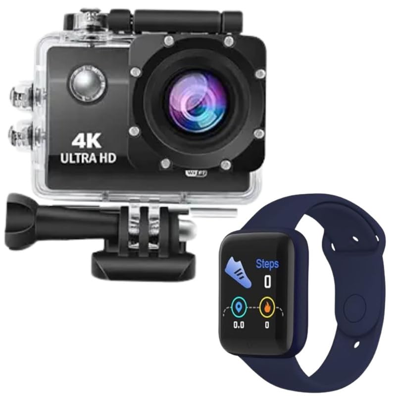 Drumstone Combo Pack of 2 Items Sports Action Camera, 4K Waterproof Sport Camera,170 Degree WiFi HD Cam, 16MP with Bluetooth D20 SmartWatch with Heart Rate Blood Pressure for Unisex (Navy Blue Color)