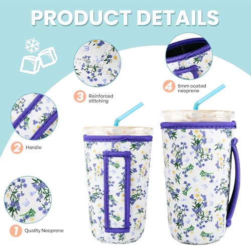 Image of KJQJLY 3 Pac Reusable Iced Coffee Sleeves for Iced Coffee Cups or Drinks Reusable Neoprene Insulated Sleeves for Hot and Cold Drinks from Starbucks, Dunkin, And More (Little Orchid)