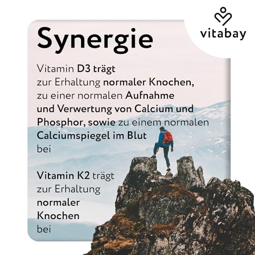 Vitabay Vitamin D3 + K2 Depot – 180 vegane Tabletten – hochdosiert – 5000 IE Premium Vitamin D3 mit K2-MK7 All-Trans – ohne Zusätze – vegan & laborgeprüft in Deutschland – Vorrat für über 18 Monate
