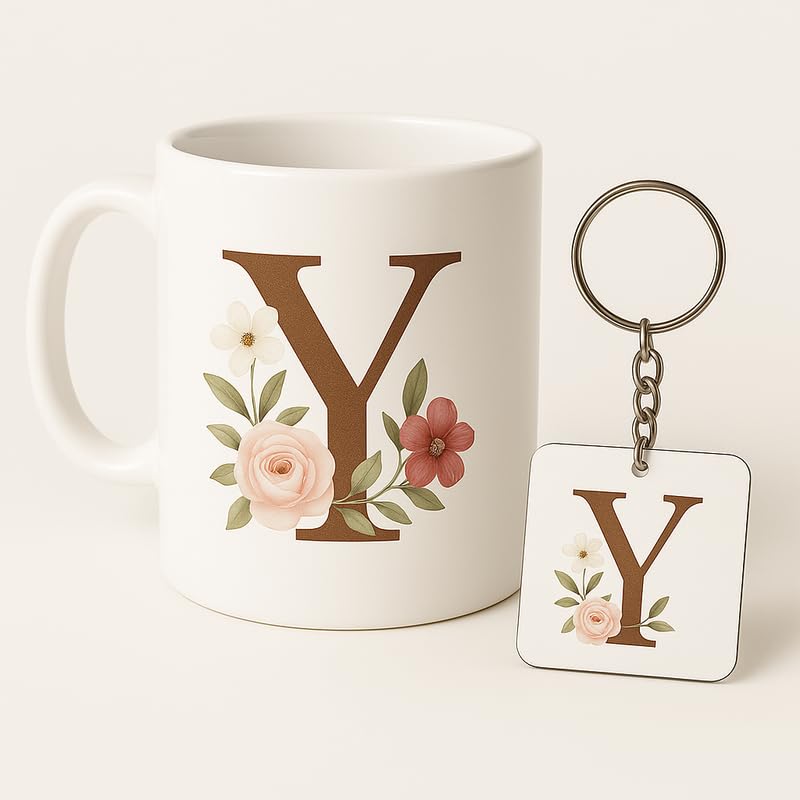 Image of Letter Y Mug and Keychain Set - Elegant Floral Monogram Gift for Her /Him - Coffee Cup and Key Ring with Initial Y - Coffee Mug for Everyone Any Occasion 4646 25