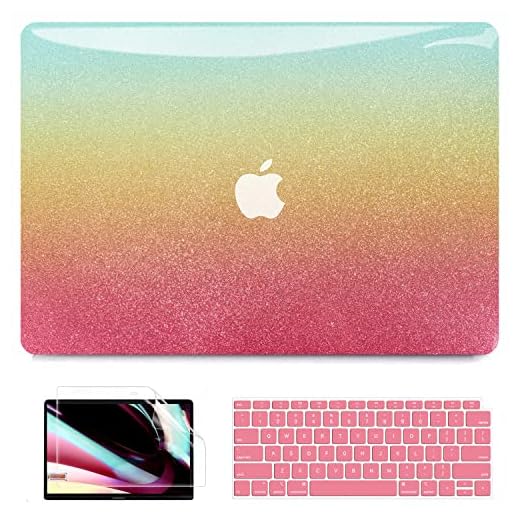 B BELK Compatible with MacBook Air 13 inch Case, MacBook Air Case 2021 2020 2019 2018 A2337 M1 A2179 A1932 Touch ID, Glitter Plastic Hard Shell Case +Keyboard Cover+ Screen Protector, Colorful Rainbow