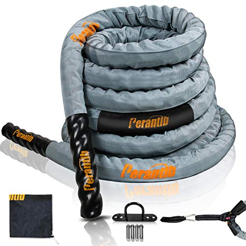 Perantlb Poly Battle Rope with Cloth Sleeve -1.5/2 Inch Diameter 30' 40' 50' Lengths -Gym Muscle Toning Metabolic Workout Fitness, Battle Rope Anchor Strap Kit Included (1.5